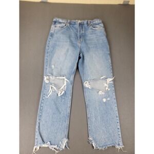 We The Free Jeans Womens 32 35x28 Loose Baggy Distressed‎ Light Blue Boho Frayed